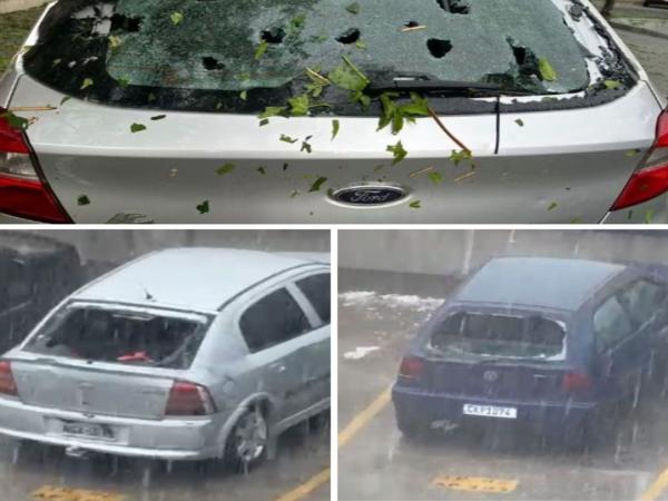 Chuva com granizo deixa vidros de carros destruídos em Cajamar